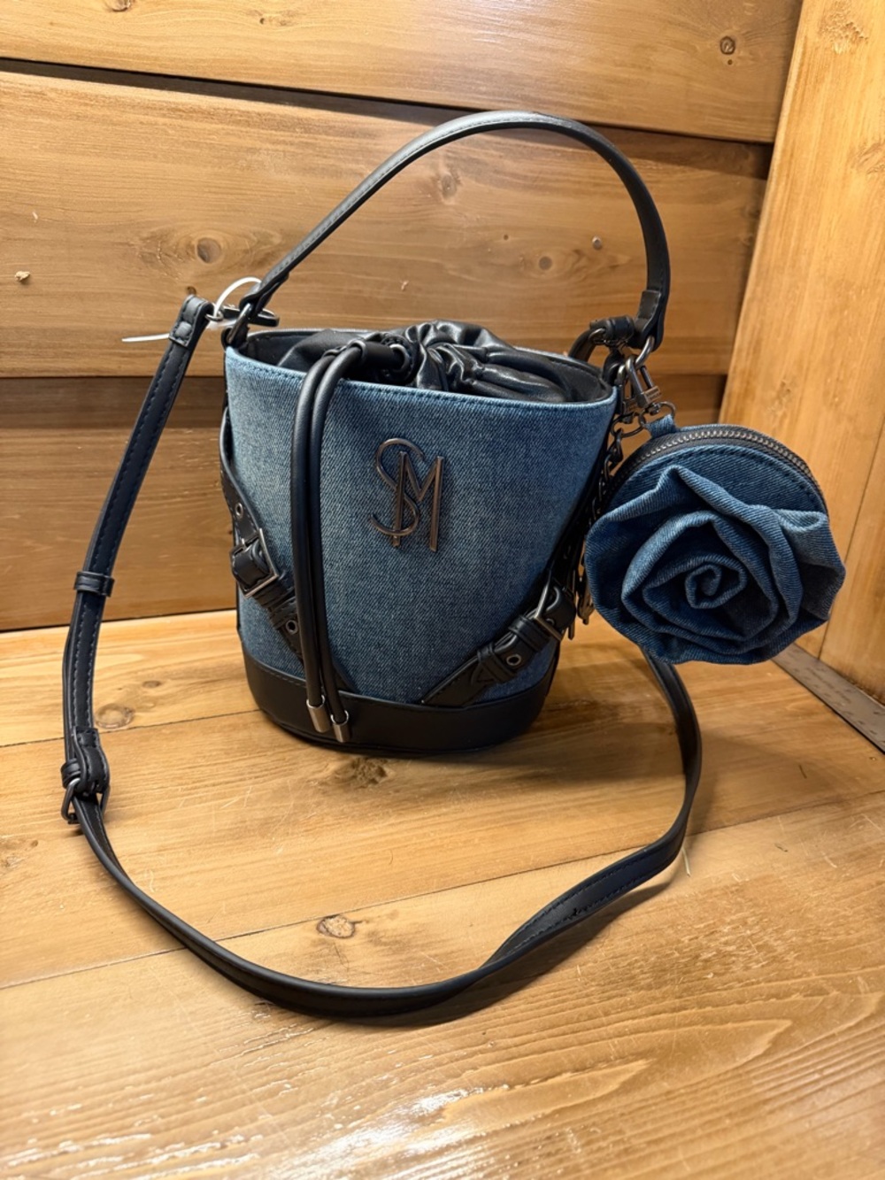 Steve Madden Blue Denim Bucket Crossbody with Rose Charm